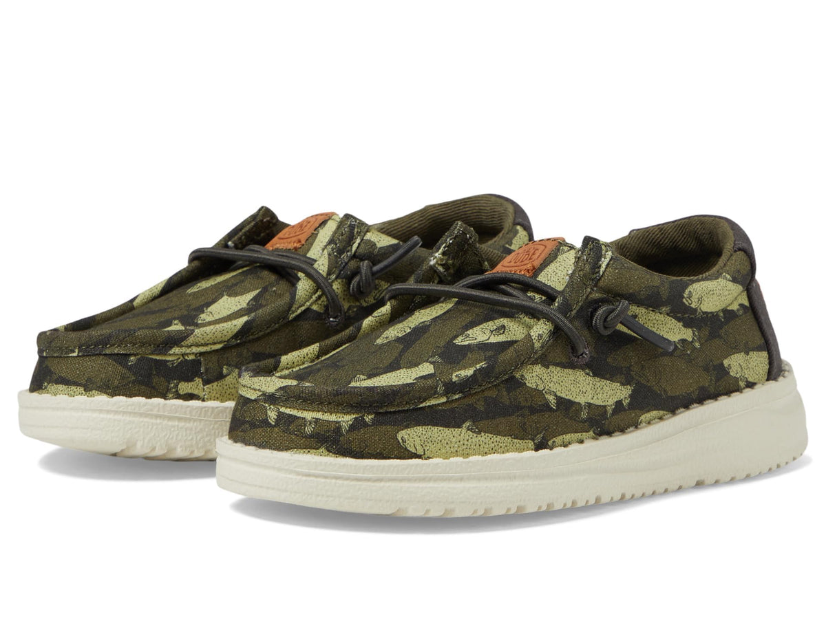 HEYDUDE Boy's Wally-T Fish Camo Olive Size 6 | Youth's Shoes | Youth Slip-on Loafers | Comfortable & Light-Weight