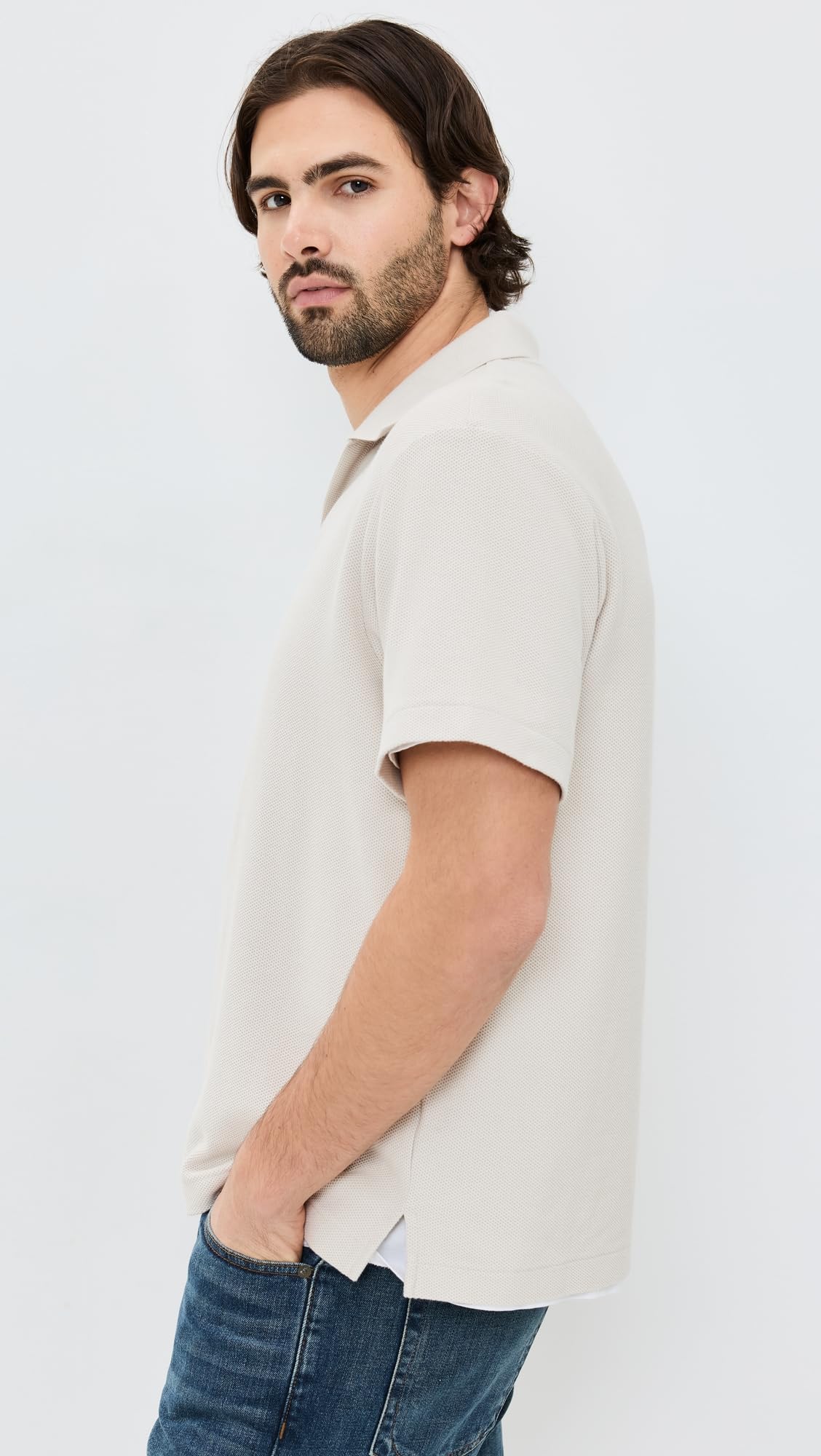 FRAME Men's Short Sleeve Jacquard Polo, Light Khaki, Off White, M