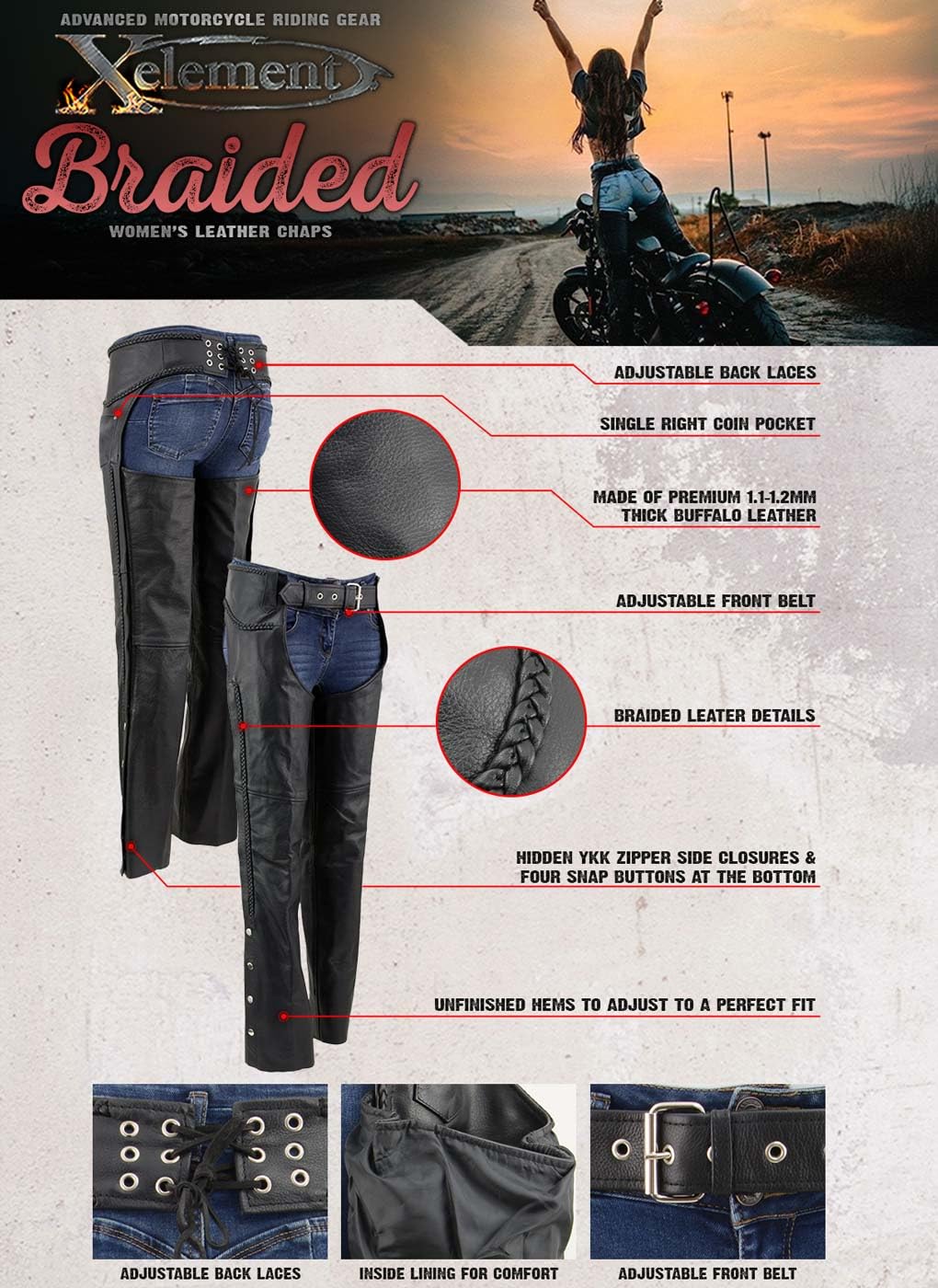 Xelement 7701 Women's Black 'Braided' Leather Motorcycle Chaps - 8