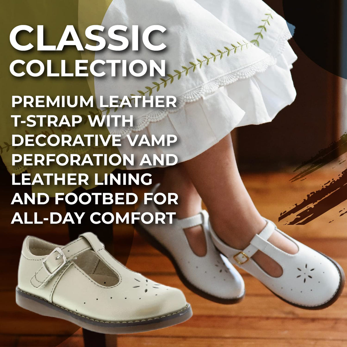 FOOTMATES Sherry Mary Jane Hook and Loop Leather T-Strap Shoes with Wide Toe Box and Custom-Fit Insoles, Non-Marking Outsoles - Pearl Pearlized, 7.5 Toddler (1-4 Years)