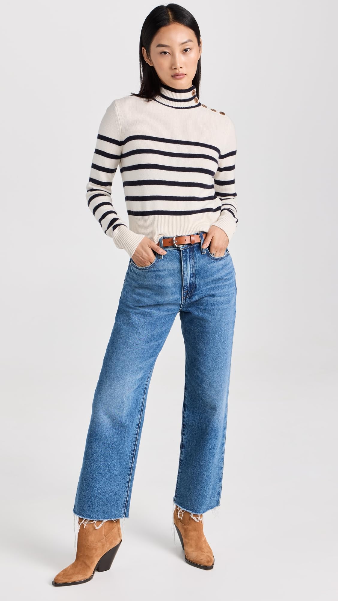 FRAME Women's Shrunken Mariner Cashmere Turtleneck, Off White Multi, S