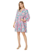 Lilly Pulitzer 3/4 Sleeve Martine Quarter Sleeves Dress for Women with Pullover Style, Split Neckline, and Allover Floral Print Multi Seaweed Samba XXS One Size