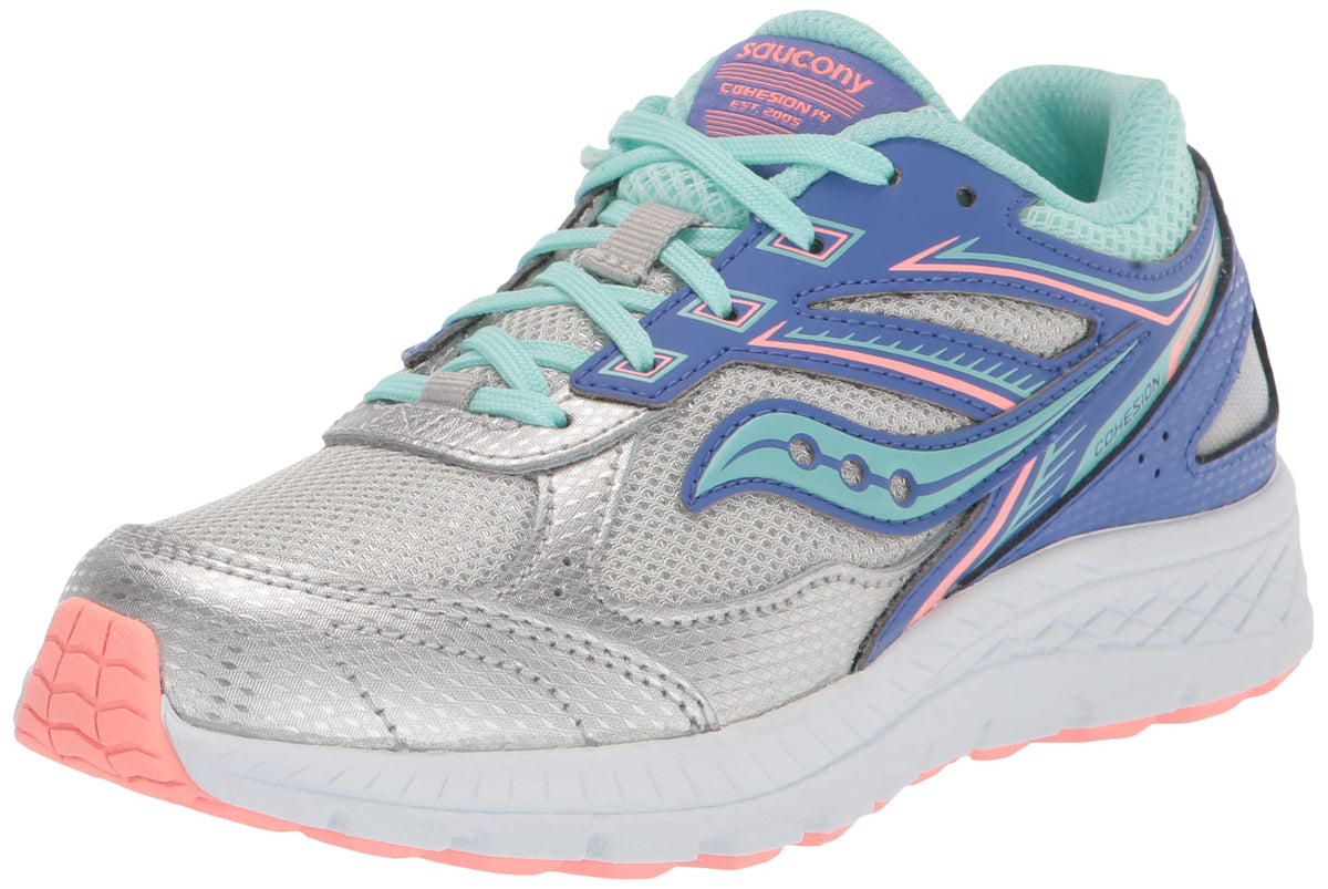 Saucony Cohesion 14 Lace to Toe Running Shoe, Silver/Periwinkle/Turq, 3.5 US Unisex Big Kid