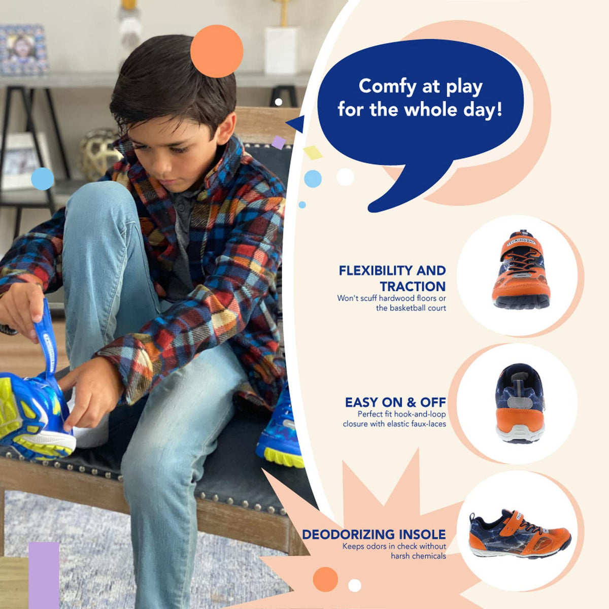 TSUKIHOSHI 4810 MAKO Strap-Closure Machine-Washable Youth Athletic and Running Shoe with Wide Toe Box and Slip-Resistant, Non-Marking Outsole - Orange/Navy, 1 Little Kid (4-8 Years)