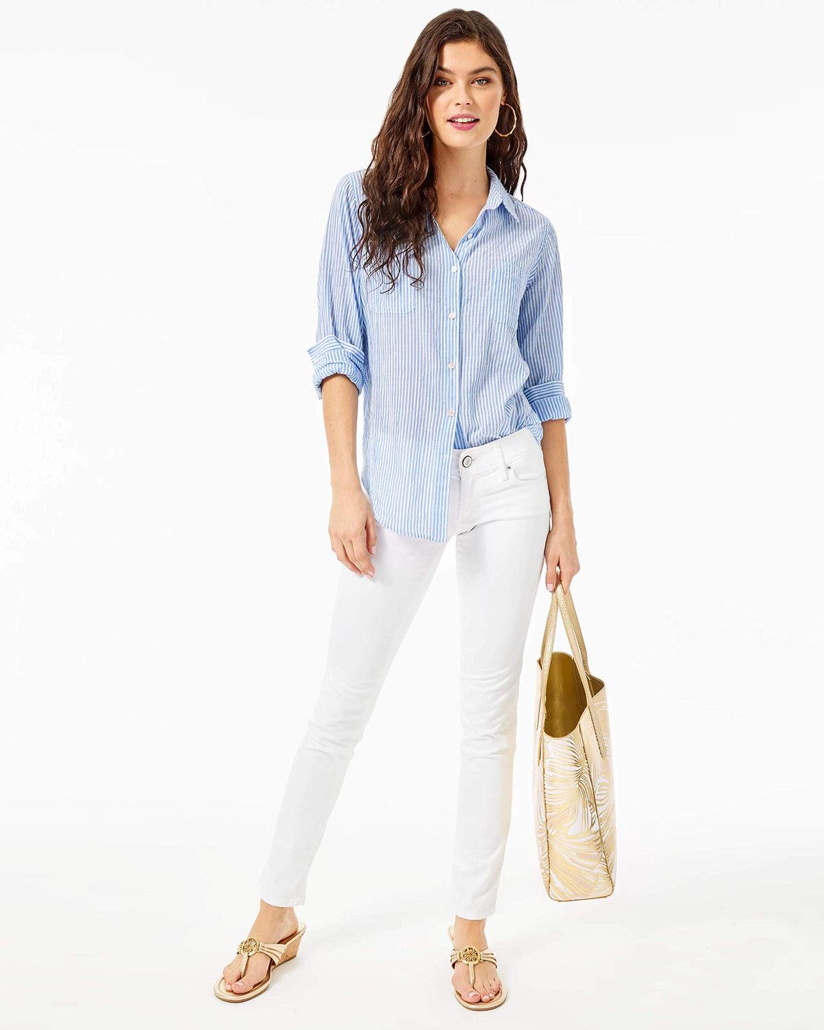 Lilly Pulitzer Sea View Button-Down Shirt for Women - Easy Fit - Long Sleeve - Roomy Fit - Linen Fabric Coastal Blue Stripe MD One Size