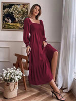 Anna-Kaci Women's Square Neck Shirred Ruffle Hem Long Sleeve Maxi Dress, Wine Red, Small