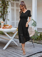 Anna-Kaci Women Summer Swiss Dot Short Sleeve Dress High Waist V Neck Floral Print Flowy Maxi Dress, Small Black