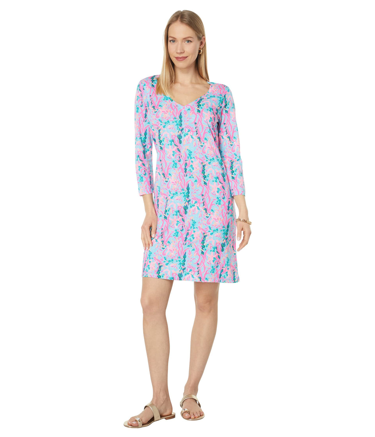 Lilly Pulitzer 3/4 Sleeve Tessa V-Neck Dress Multi Seaweed Samba LG