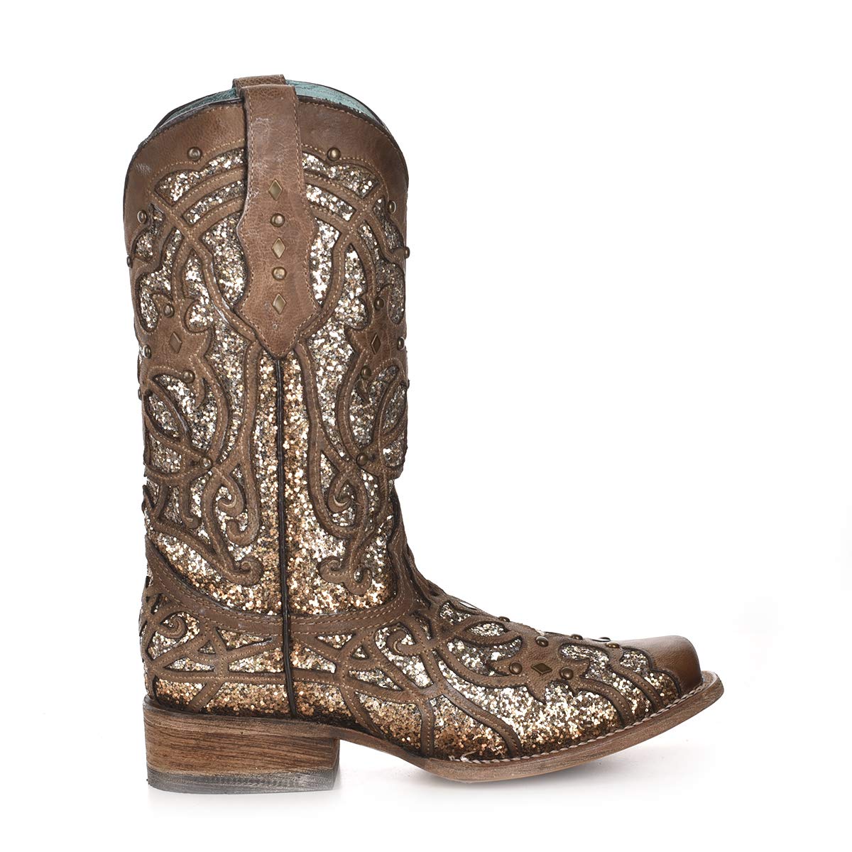 Corral Women's Orix Glitter Inlay Studs Square Toe SZ Boots, Brown, 6.5
