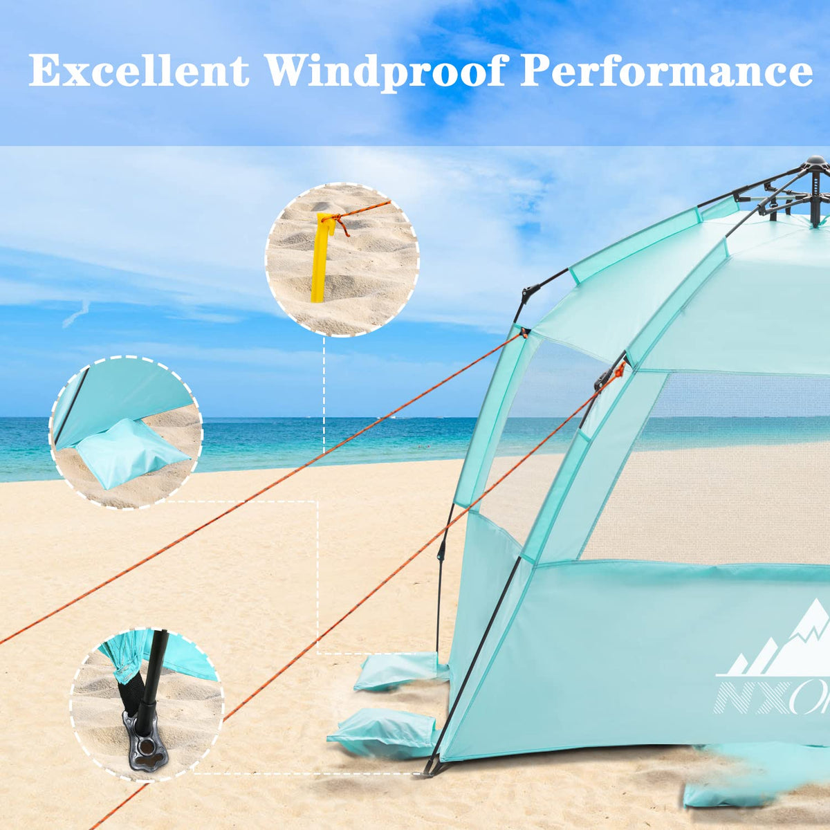 NXONE XL Pop Up Beach Tent, Deluxe Sun Shade Shelter for 4 Person, UPF 50+ Protection, Windproof Beach Shade, Extendable Floor with 3 Ventilating Windows Plus Carrying Bag, Stakes and Guy Lines Mint Green