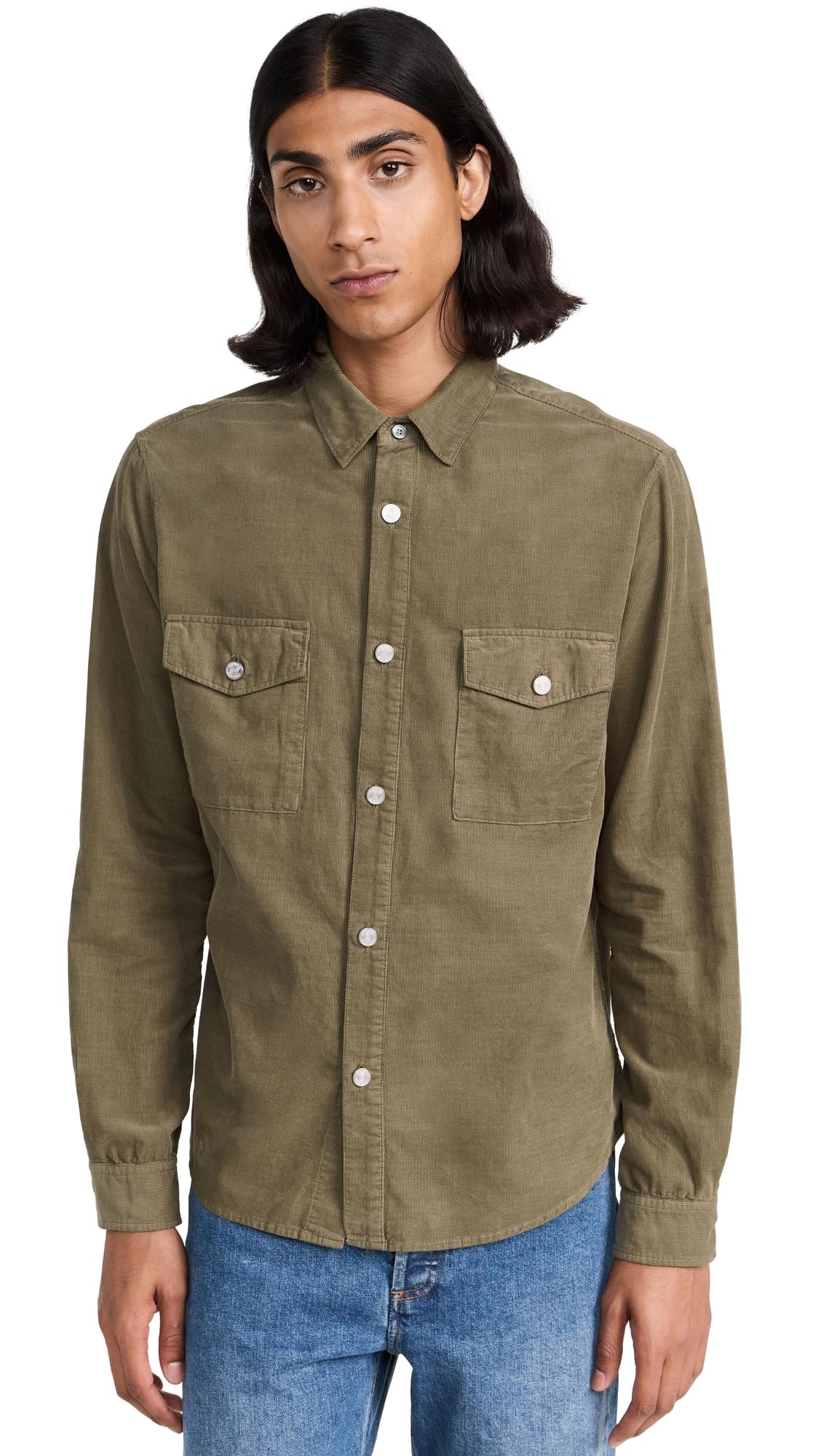 FRAME Men's Double Pocket Micro Cord Shirt, Mocha, Green, S