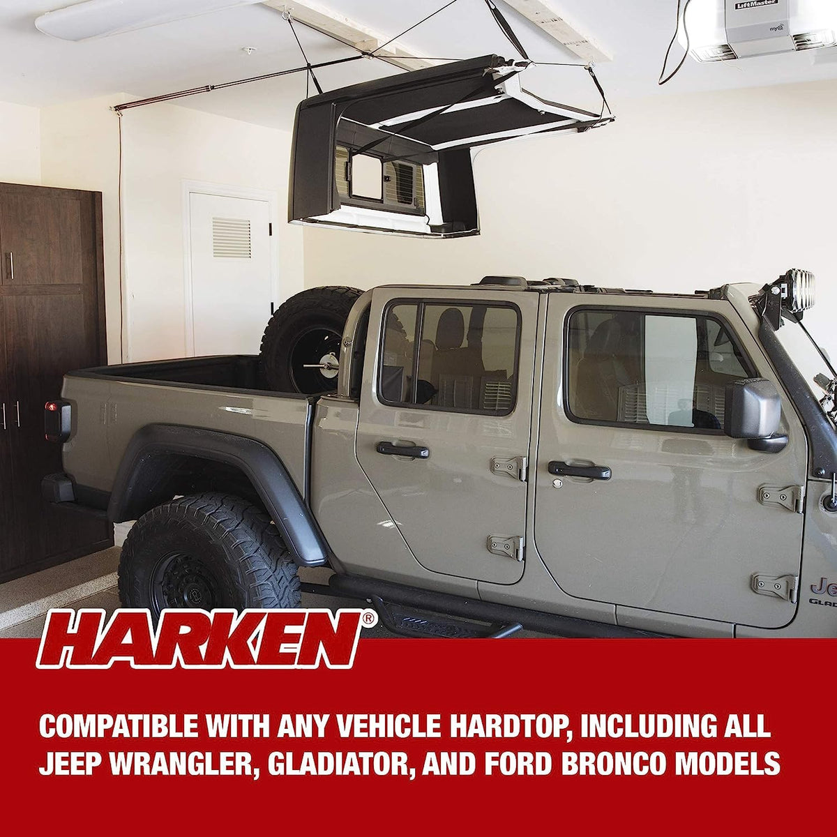HARKEN - Hardtop Overhead Garage Storage Hoist for Jeep Wrangler and Ford Bronco, Self-Leveling, Safe Anti-Drop System, Easy One-Person Operation, Garage Organization
