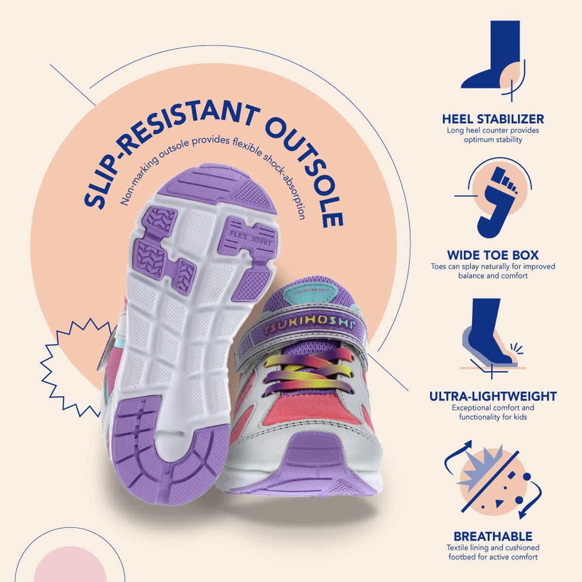 TSUKIHOSHI 3584 Rainbow Strap-Closure Machine-Washable Child Sneaker Shoe with Wide Toe Box and Slip-Resistant, Non-Marking Outsole - Silver/Lavender, 13.5 Little Kid (4-8 Years)