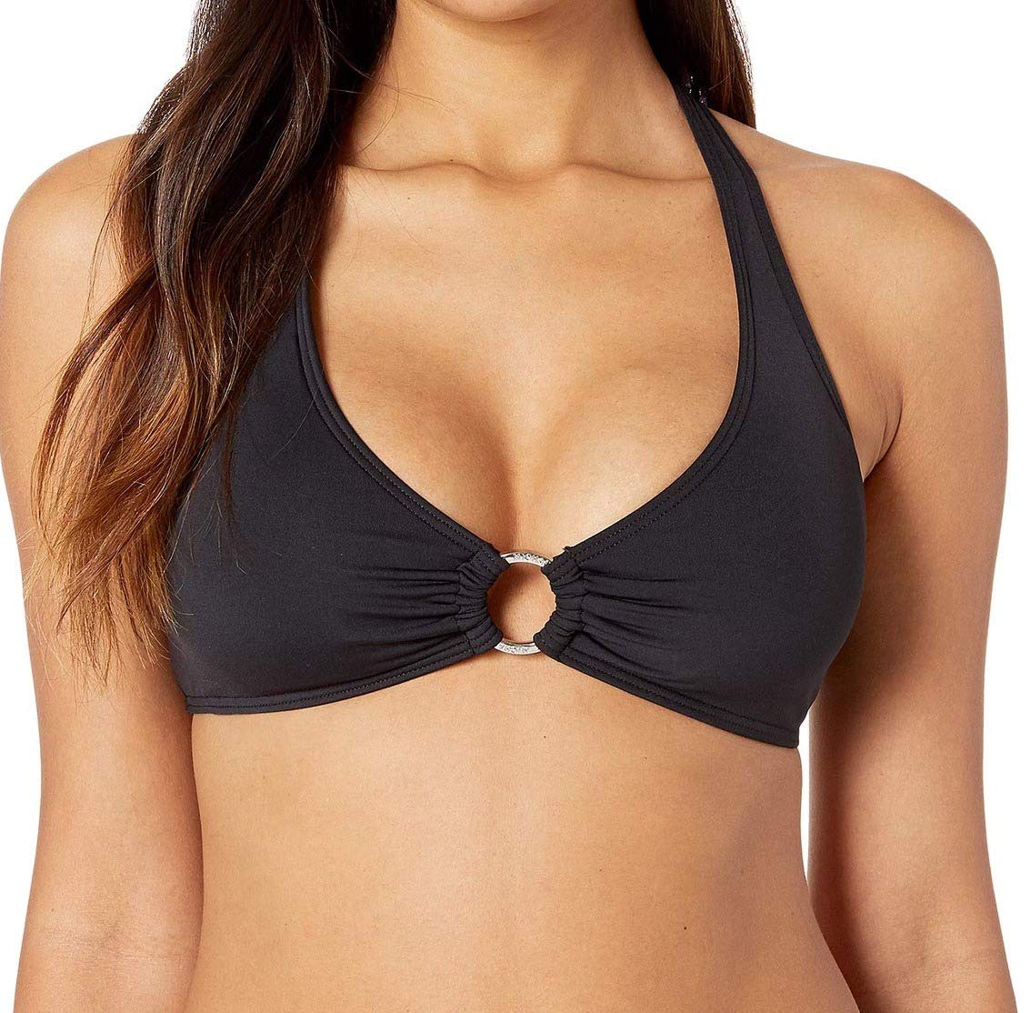 Michael Kors Iconic Solids Logo Ring Halter Bikini Top Black SM