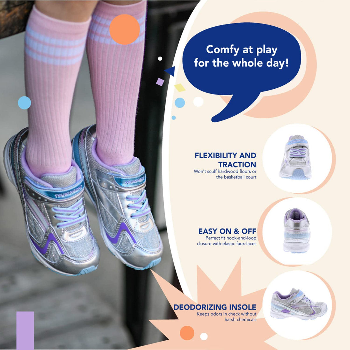 TSUKIHOSHI 3537 GLITZ Strap-Closure Machine-Washable Child Sneaker Shoe with Wide Toe Box and Slip-Resistant, Non-Marking Outsole - For Toddlers and Little Kids, Ages 1-8 Little Kid (4-8 Years) 1 Little Kid Silver/Lavender