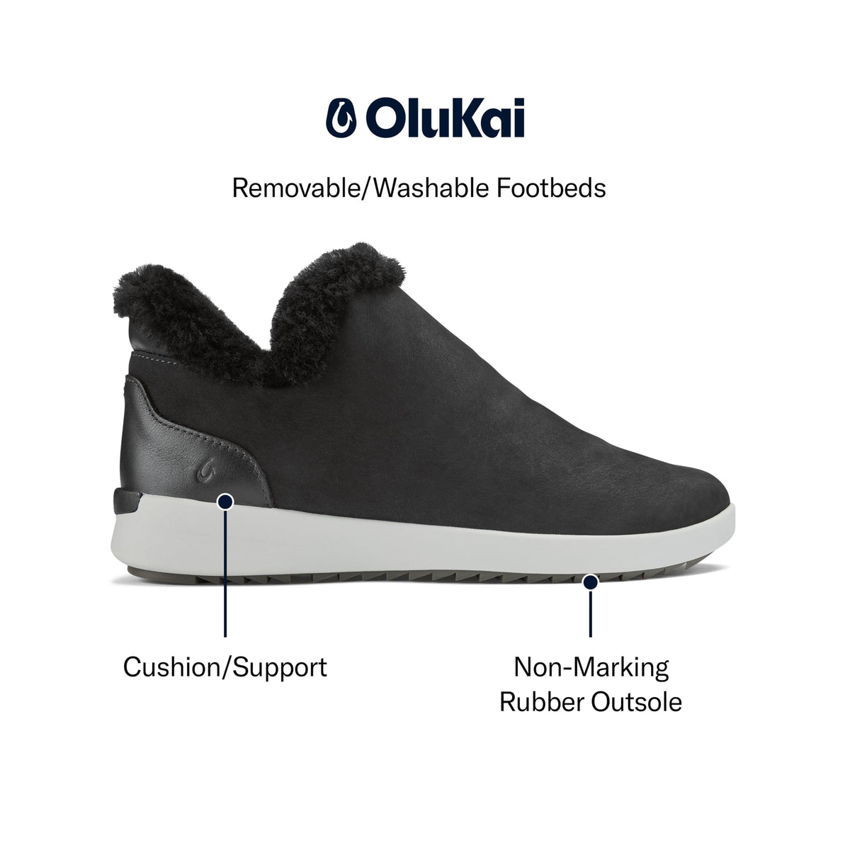 OLUKAI Malua Hulu Women's Boot, Soft & Comfortable Waterproof Nubuck Leather, Full-Grain Leather Heel with Elastic Panels, Slip-On Design, Onyx/Mist Grey, 6.5
