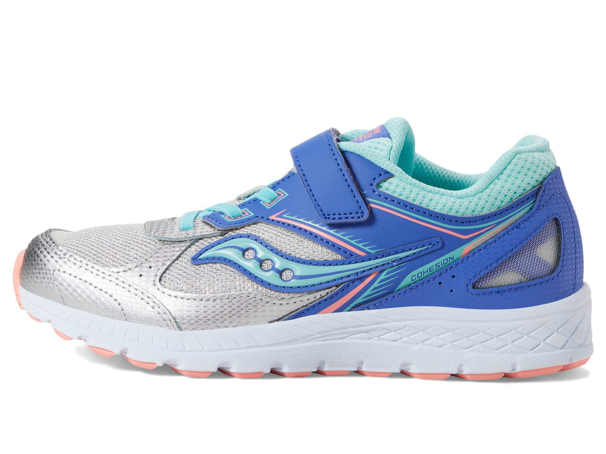 Saucony Cohesion 14 Alternative Closure Running Shoe, SILVER/PERIWINKLE/TURQ, 12.5 Wide US Unisex Big_Kid