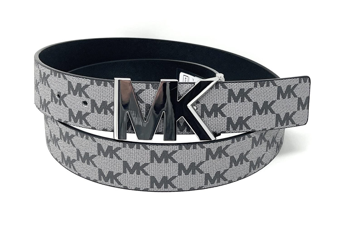 Michael Kors 38mm Leather Reversible MK Logo Plaque Buckle Belt (Grey/Black, S)