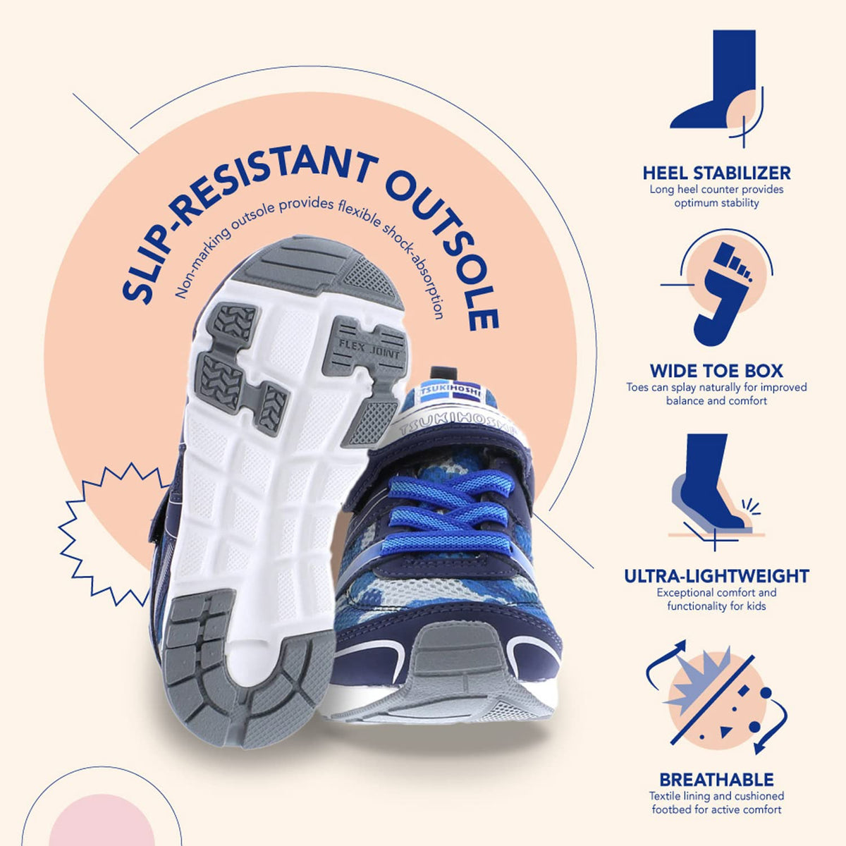 TSUKIHOSHI 3580 Velocity Strap-Closure Machine-Washable Youth Sneaker Shoe with Wide Toe Box and Slip-Resistant, Non-Marking Outsole, Navy/Camo - 5.5 Big Kid (8-12 Years)