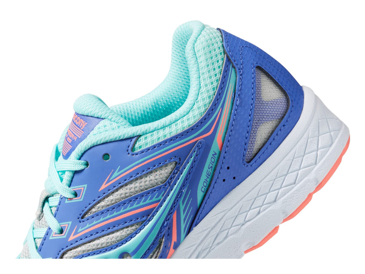 Saucony Cohesion 14 Lace to Toe Running Shoe, Silver/Periwinkle/Turq, 3.5 US Unisex Big Kid