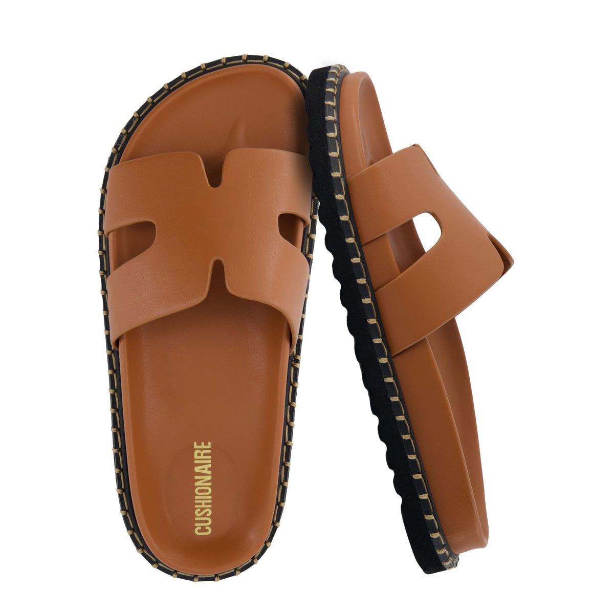 CUSHIONAIRE Crisp Womenโs Slide Sandal โ Faux Leather Cutout Slip-On with Artisan Stitching & Memory Foam, Wide Widths Available, WHISKEY 10W