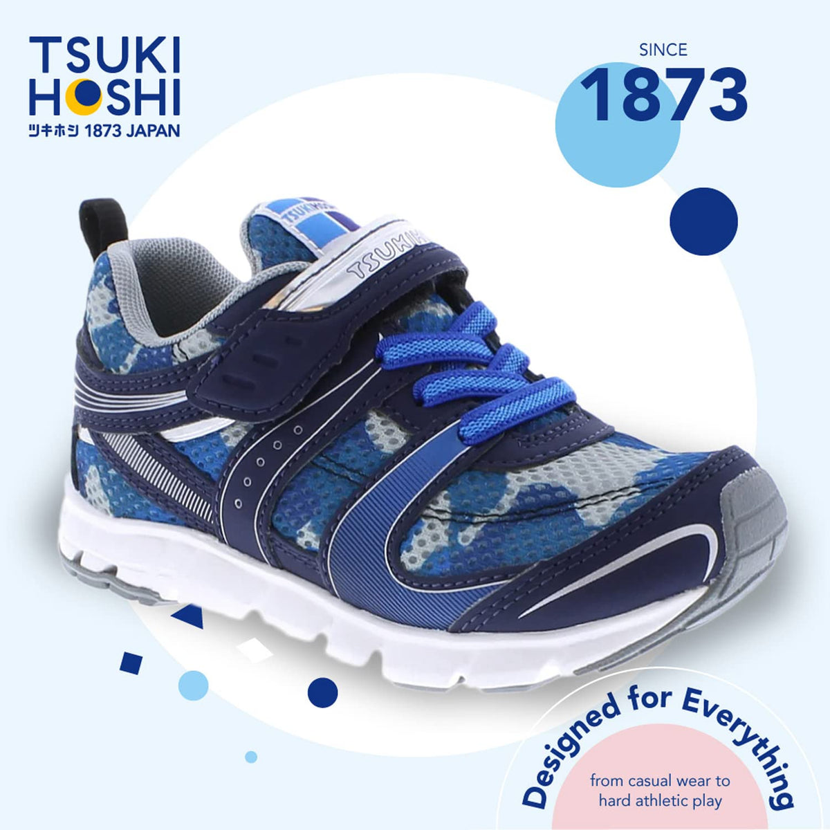 TSUKIHOSHI 3580 Velocity Strap-Closure Machine-Washable Youth Sneaker Shoe with Wide Toe Box and Slip-Resistant, Non-Marking Outsole, Navy/Camo - 5.5 Big Kid (8-12 Years)