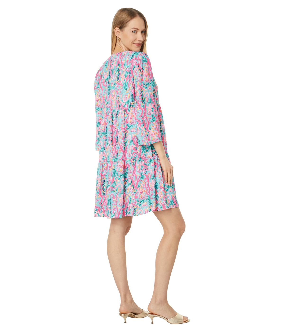 Lilly Pulitzer 3/4 Sleeve Martine Quarter Sleeves Dress for Women with Pullover Style, Split Neckline, and Allover Floral Print Multi Seaweed Samba MD One Size