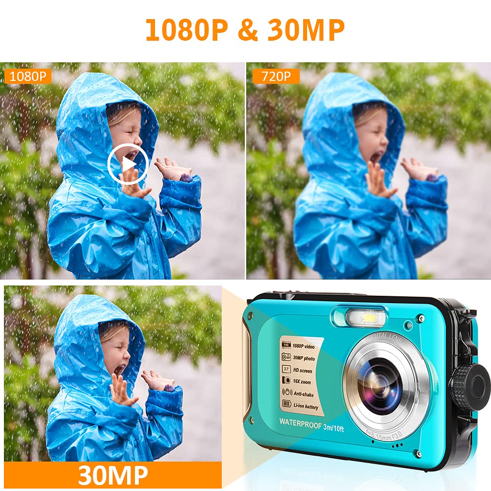 Yifecial Waterproof Camera 10FT Underwater Camera 30MP 1080P FHD Video Resolution 16X Zoom Waterproof Digital Camera for Snorkeling,Vacation(Green)