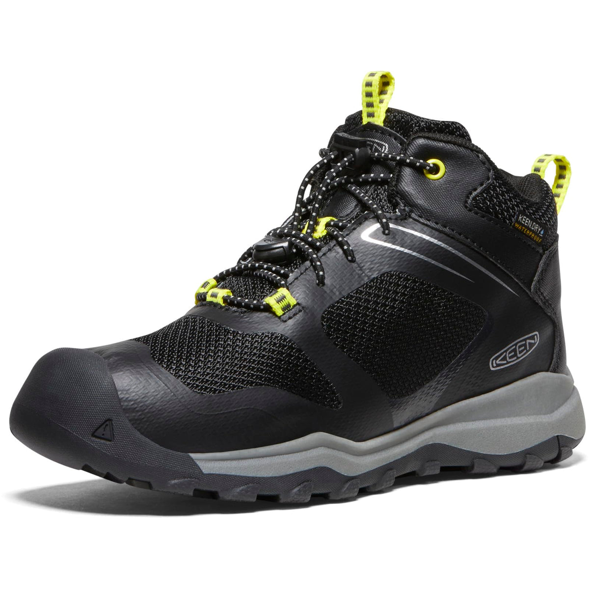 KEEN Wanduro Mid Height Waterproof Easy On Durable Sneaker Hiking Boots, Black/Silver, 1 US Unisex Big Kid