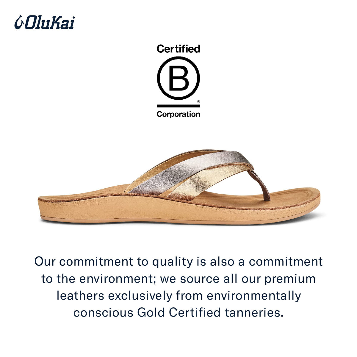 OLUKAI Kaekae Women's Beach Sandals, Full-Grain & Metallic Leather Flip-Flop Slides with Wet Grip Soles, Lightweight & All-Day Comfort, Silver/Golden Sand, 7