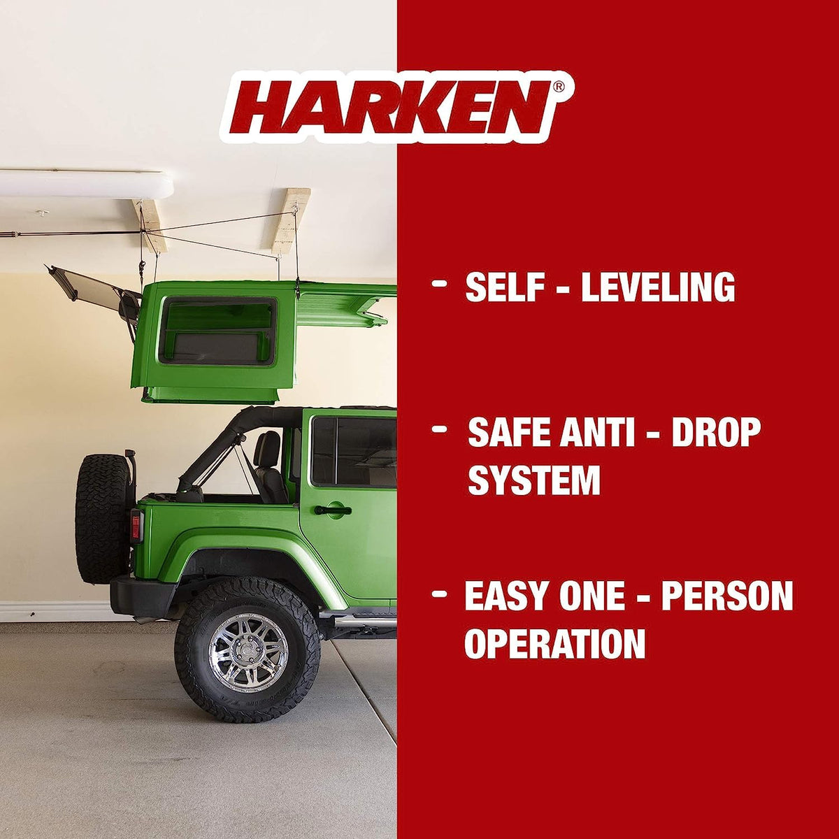 HARKEN - Hardtop Overhead Garage Storage Hoist for Jeep Wrangler and Ford Bronco, Self-Leveling, Safe Anti-Drop System, Easy One-Person Operation, Garage Organization
