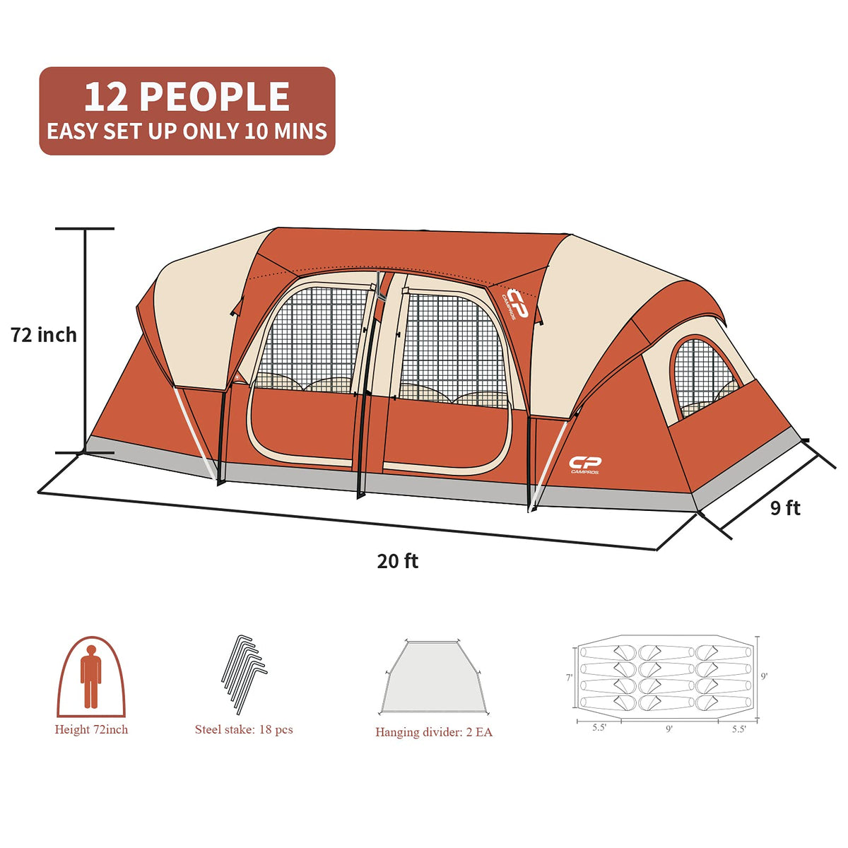 CAMPROS CP Tent 12 Person Camping Tents, 2 Room Weather Resistant Family Cabin Tent, 6 Large Mesh Windows, Double Layer, Divided Curtain for Separated Room, Portable with Carry Bag 12 Person Red