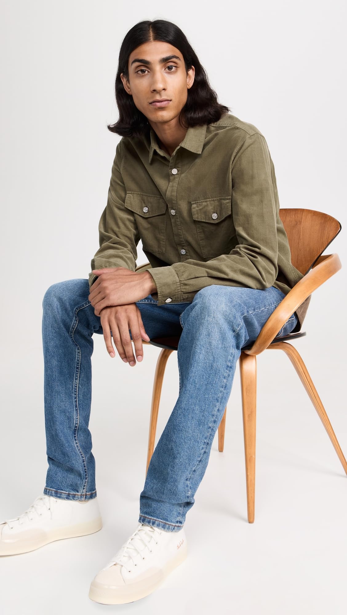 FRAME Men's Double Pocket Micro Cord Shirt, Mocha, Green, S