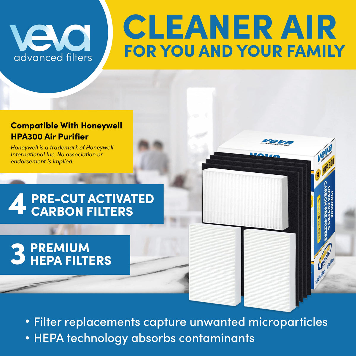 VEVA HPA300 HEPA Filter Replacement Compatible with Honeywell Air Purifier - 3 Pack of HEPA Filters w/ 4 Precut Activated Carbon Pre-Filters & Replacement Filter R
