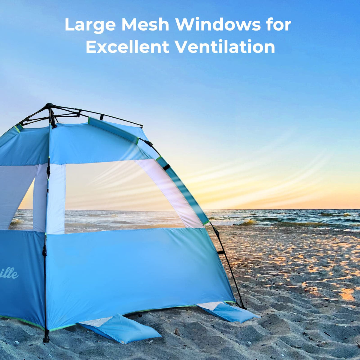 ArcadiVille Pop up Beach Tent, Anti-UV Sun Shelter 4 Person Tent for Beach UPF 50+, Portable Lightweight Beach Shade Canopy Sun Tent w/Extended Floor, Guylines & Stakes, 3 Ventilated Windows (Blue)