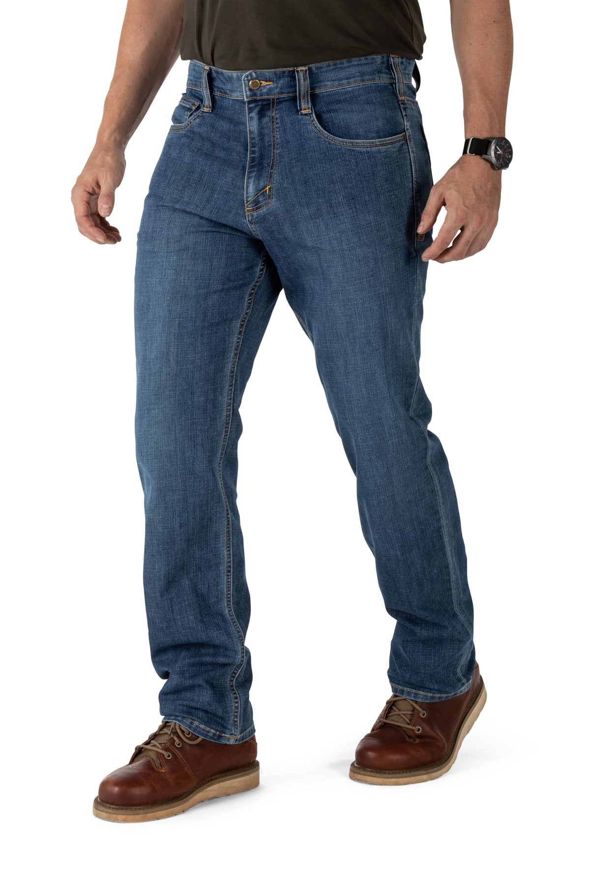 5.11 Tactical Men's Defender-Flex Regular Fit Jeans, 7 Pockets, Fitted Waistband, Style 74477, Medium Wash Indigo, 35W x 34L