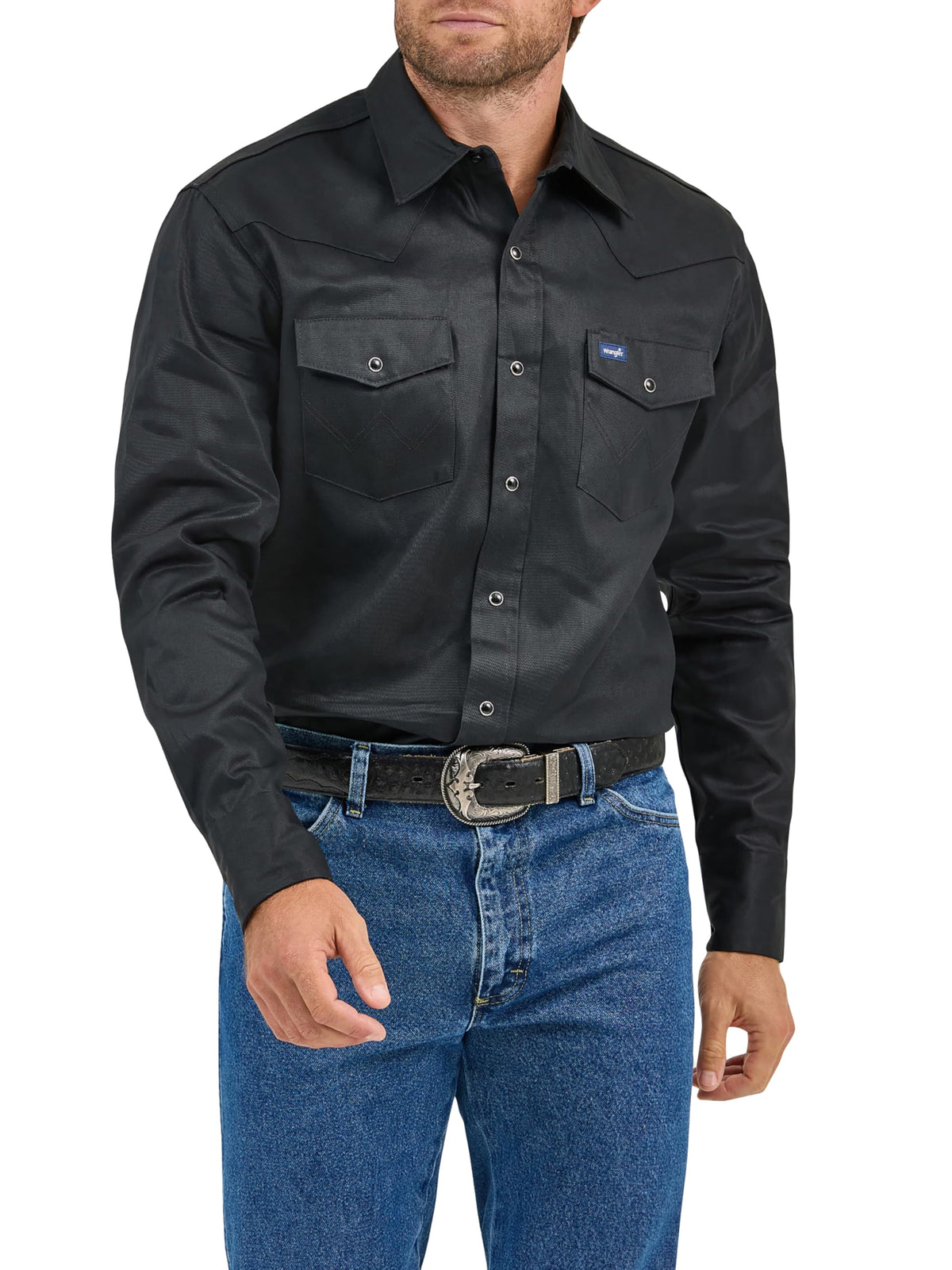 Wrangler Mens Cowboy Cut Western Two Pocket Long Sleeve Snap Work - Firm Finish Button Down Shirts, Black, X-Large US