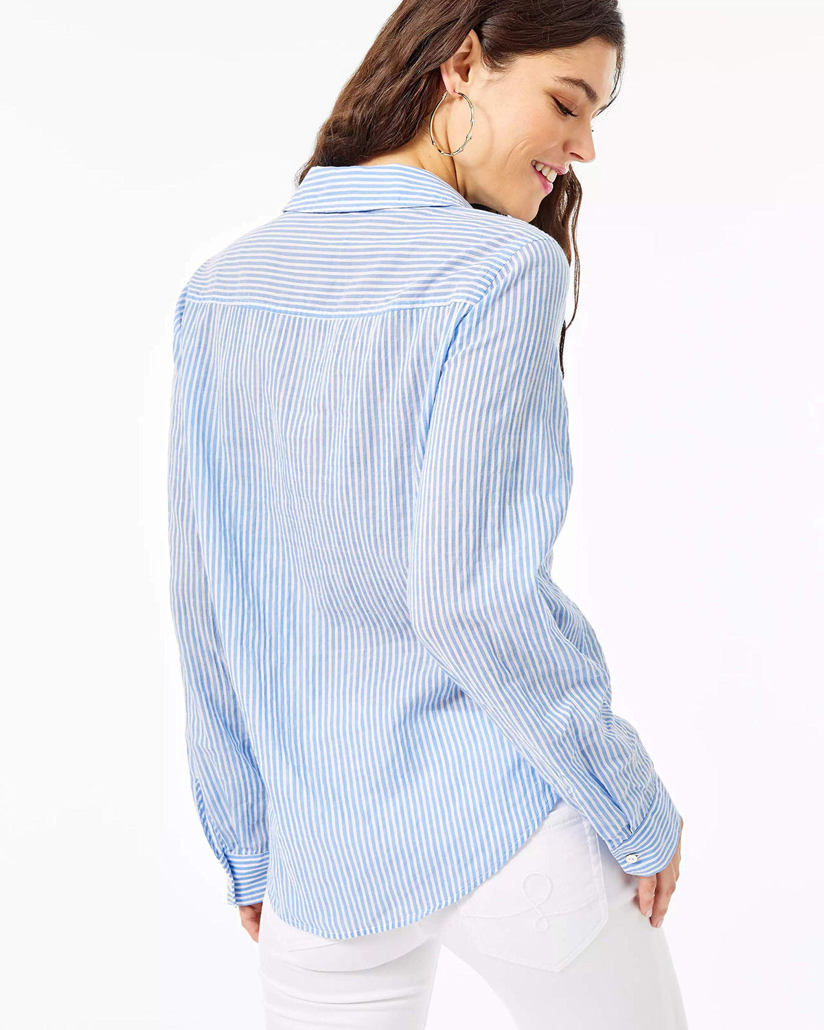 Lilly Pulitzer Sea View Button-Down Shirt for Women - Easy Fit - Long Sleeve - Roomy Fit - Linen Fabric Coastal Blue Stripe MD One Size