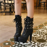 Women Autumn Round Toe Lace Up Ankle Buckle Chunky High Heel Platform Knight Boots (Black2, numeric_5_point_5)…