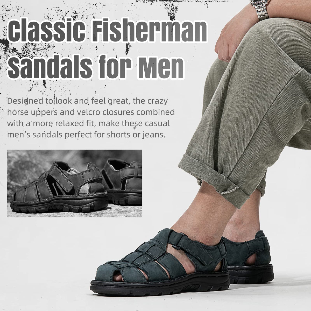 KEENPACE Men's Fisherman Leather Sandals Summer Outdoor Sport Beach Hiking Casual Dress Sandles With Comfortable Memory Foam Adjustable Back Strap Closed Toe