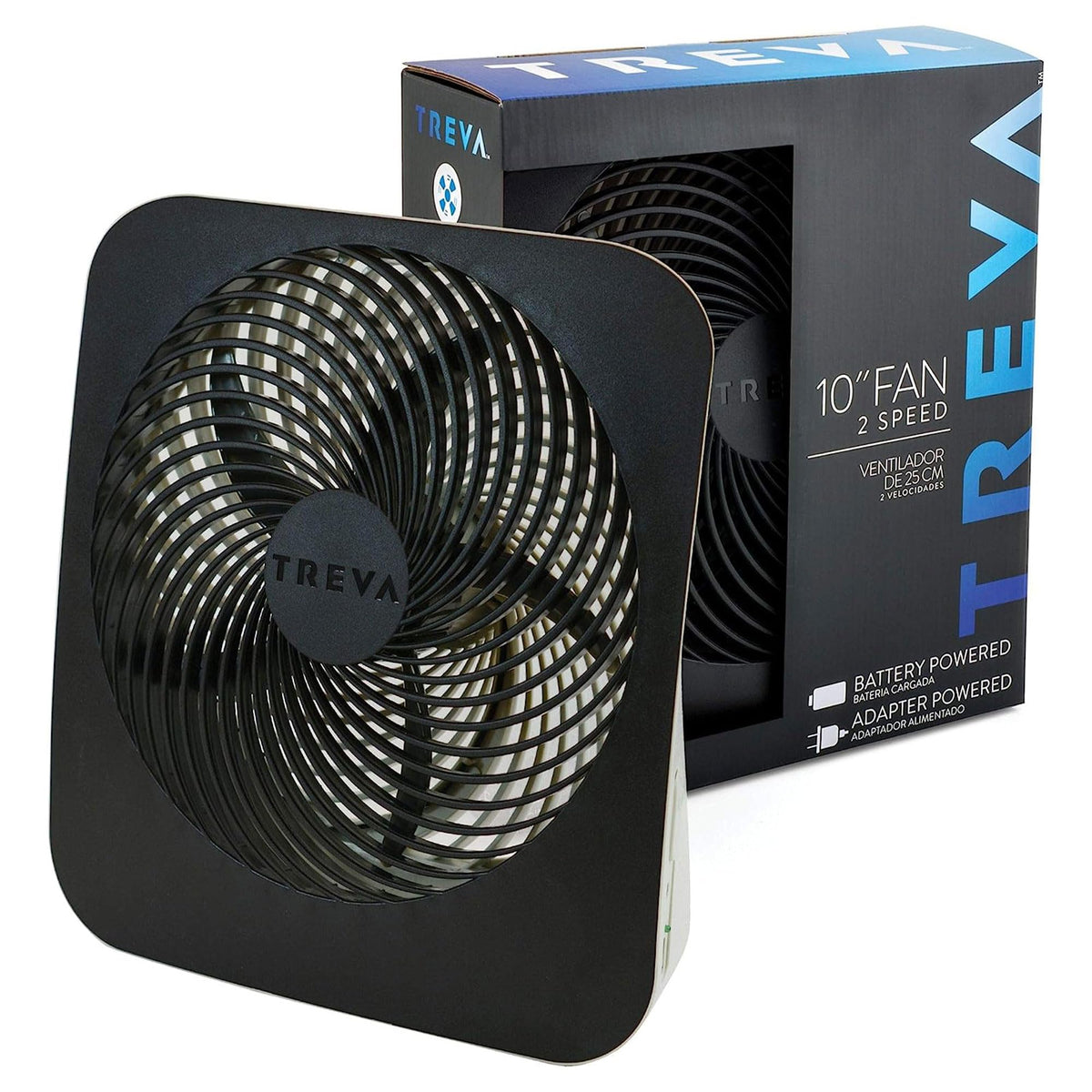 Treva 10-Inch Portable Fan, Powered by Battery and/or AC Adapter - Desk Fan Air Circulating with 2 Cooling Speeds for Personal and Travel Use (Black)