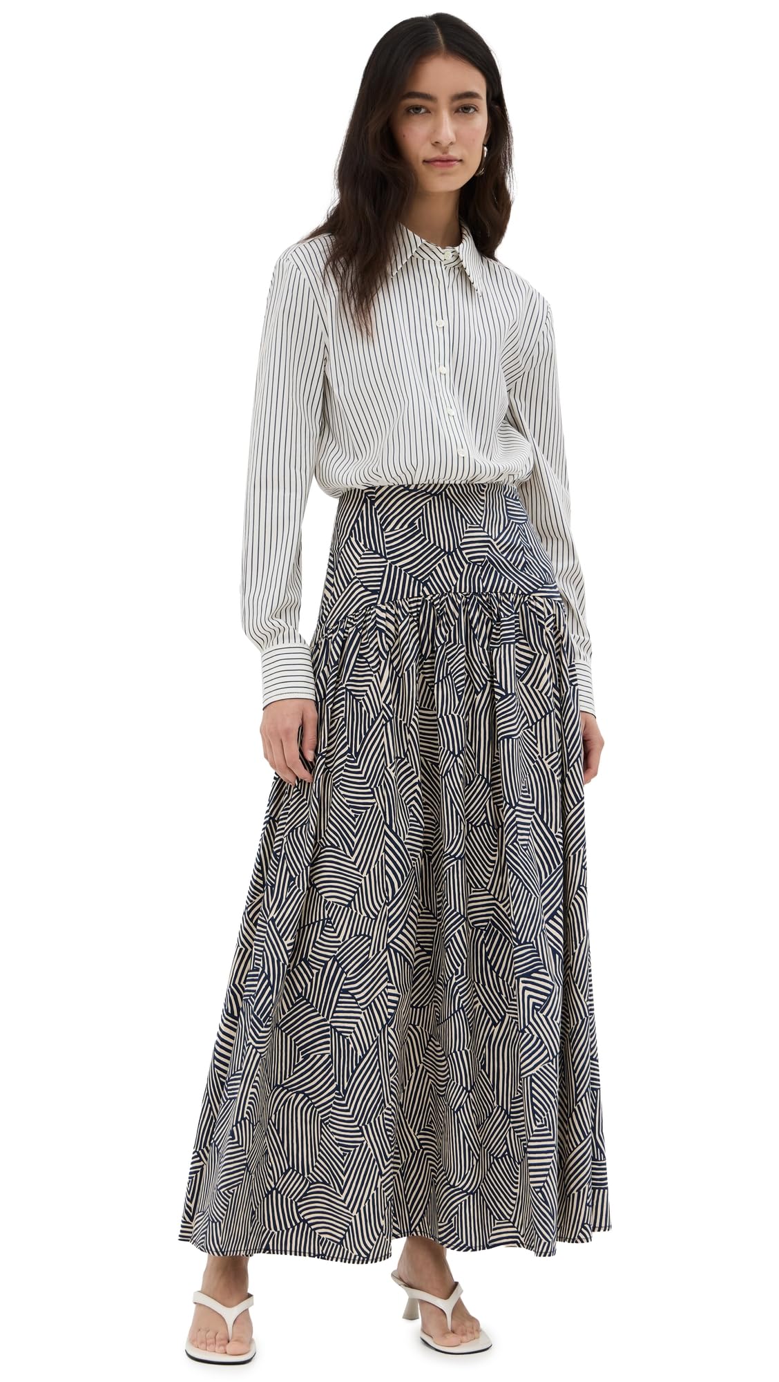 STAUD Women's Rocco Dress, Ivory Micro Stripe/Navy Mosaic, 10