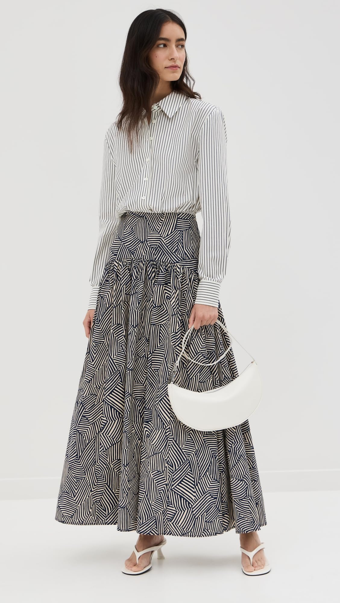 STAUD Women's Rocco Dress, Ivory Micro Stripe/Navy Mosaic, 10