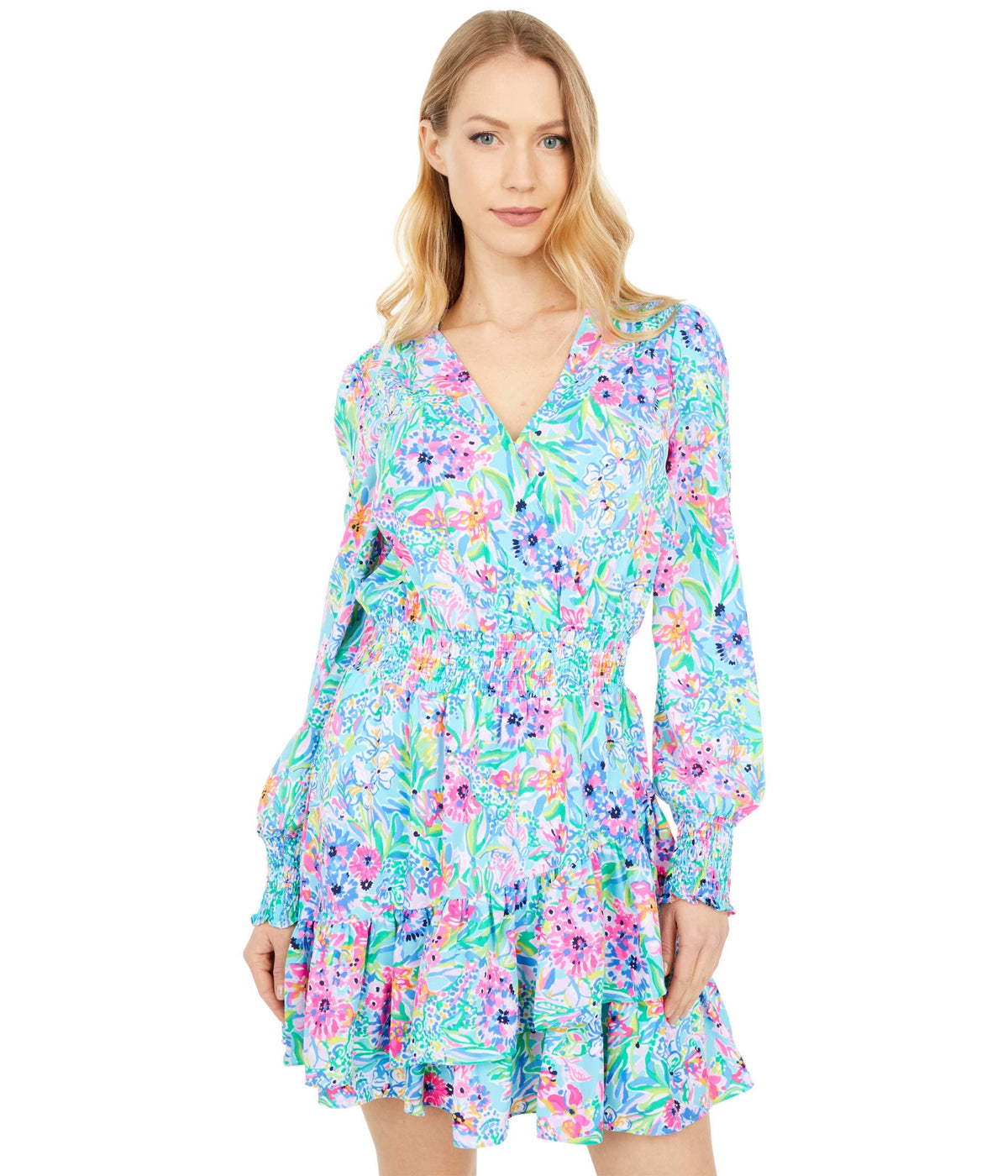 Lilly Pulitzer Cristiana Stretch Dresses for Women Offers Long Sleeves, Surplice Neckline, and Hits Above The Knee Amalfi Blue Alligator Isle 6 One Size