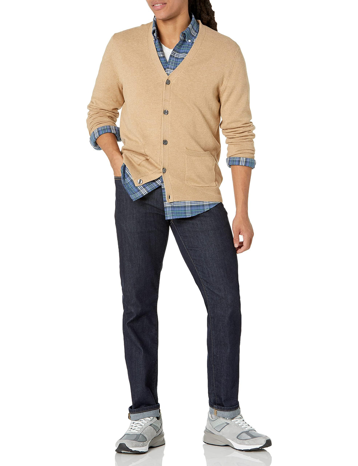 Amazon Essentials Men's Cotton Cardigan Sweater, Camel Heather, Medium