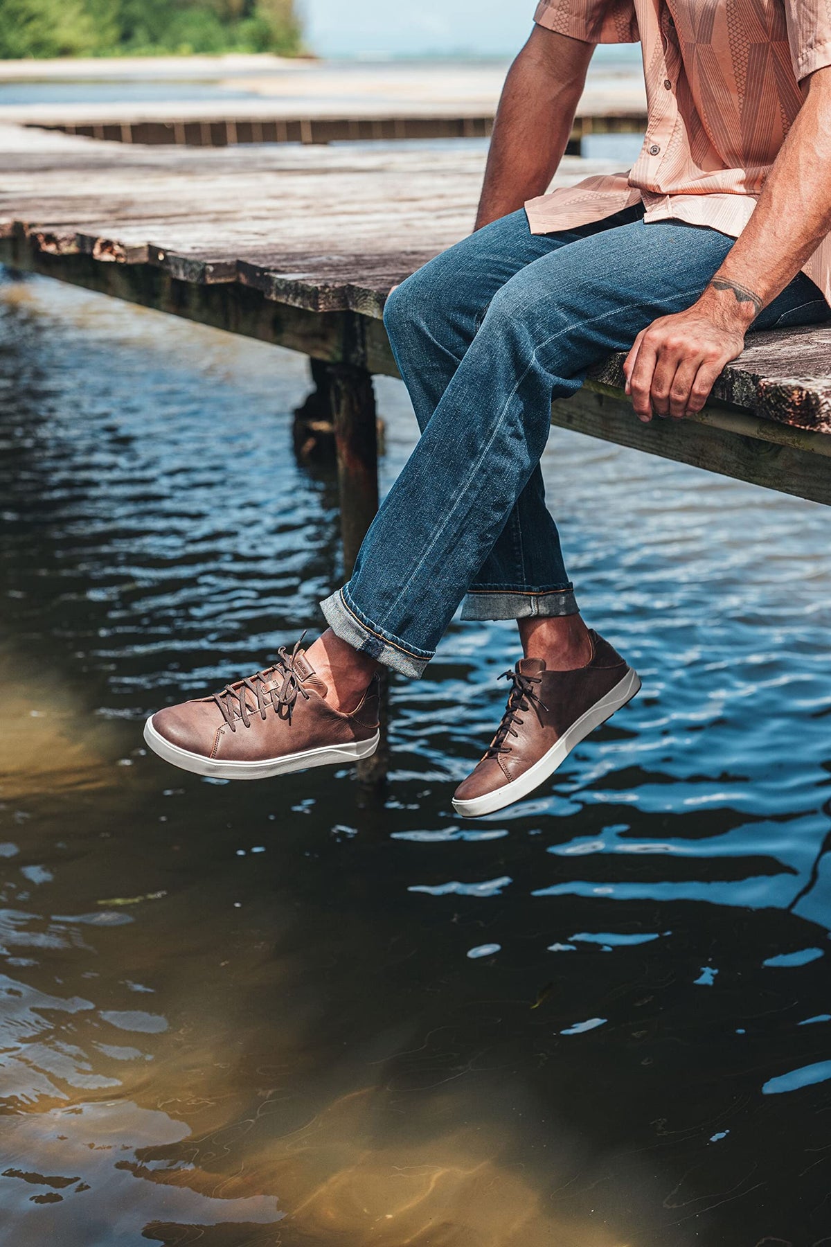 OLUKAI Lae'ahi Li 'ILI Men's Leather Sneakers, Supple Full-Grain Leather Shoes, Drop-in Heel & All Weather Rubber Soles, Dk Wood/Dk Wood, 9