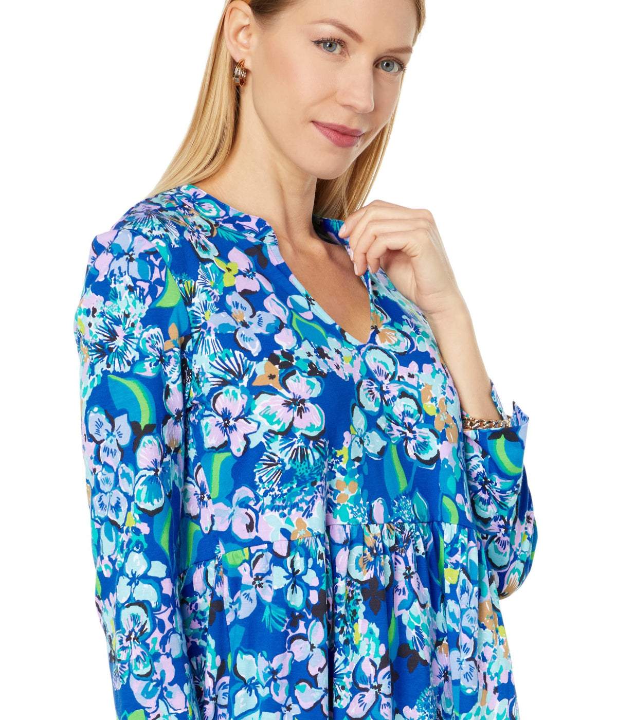 Lilly Pulitzer Alaina Dress for Women - Long Sleeves with Banded Cuffs, Breathable and Lightweight Mini Dress Large Blue Grotto Twilight Tropics