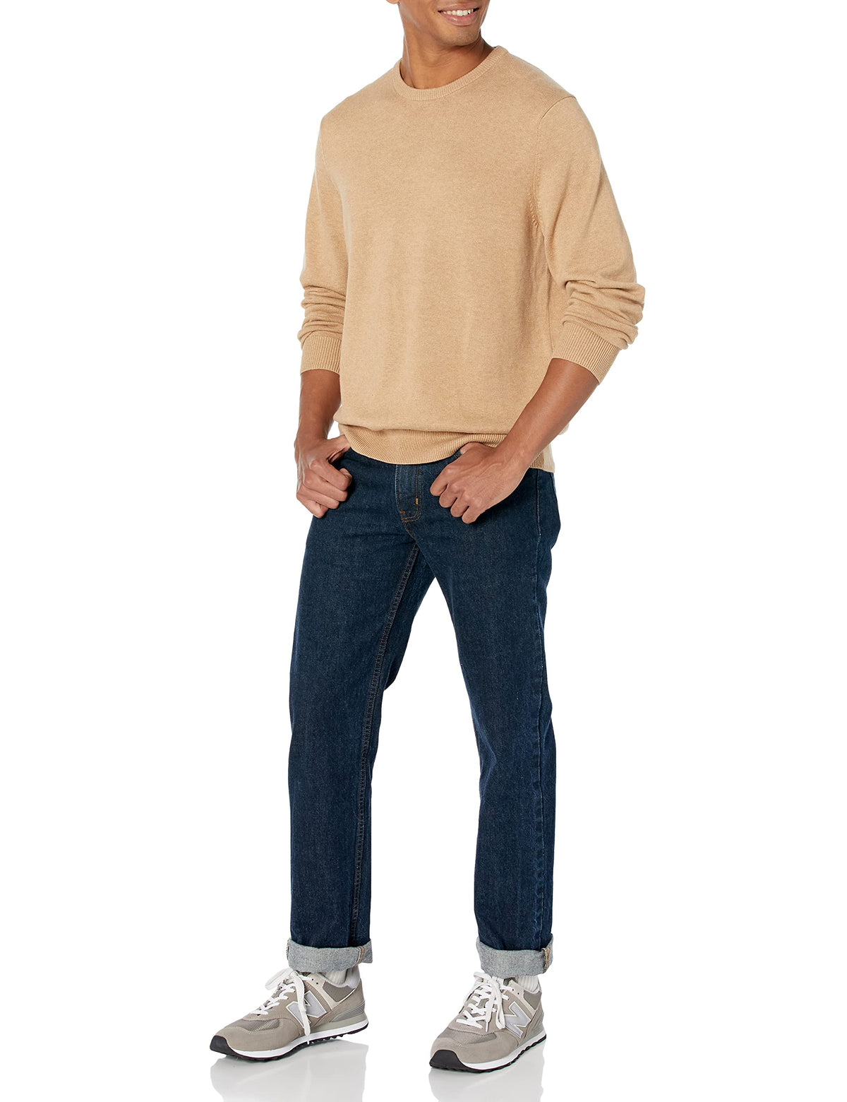 Amazon Essentials Men's Long-Sleeve Crewneck Sweater, 100% Cotton, Big & Tall Options Available, Camel Heather, XX-Large