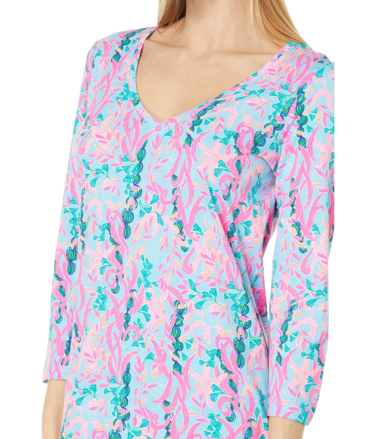 Lilly Pulitzer 3/4 Sleeve Tessa V-Neck Dress Multi Seaweed Samba LG