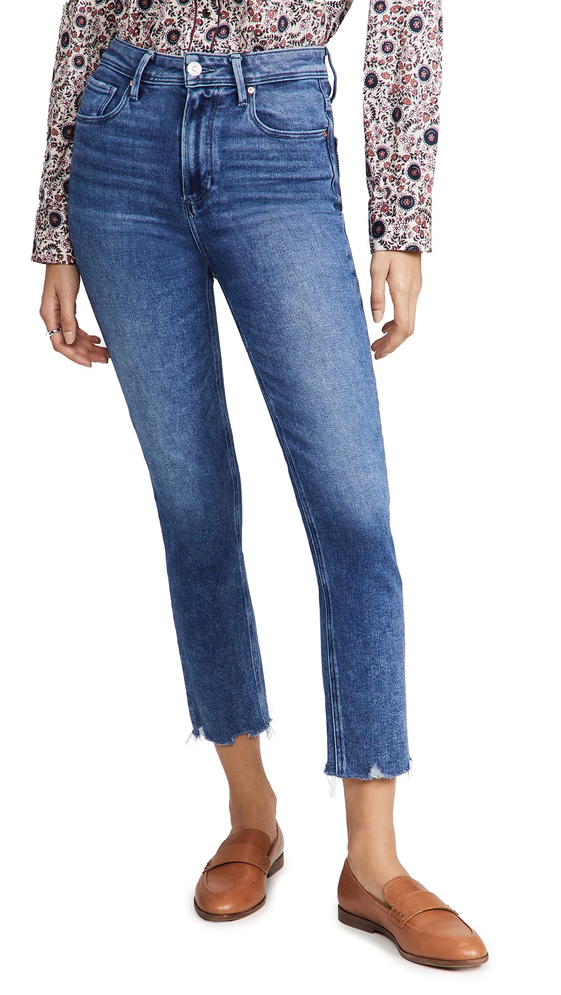 PAIGE Women's Sarah Slim Crop Jeans, Skysong w/Distressed Hem, Blue, 32